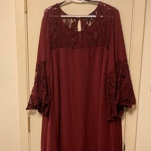 Lace yoke bell sleeve burgundy Lux II dress
